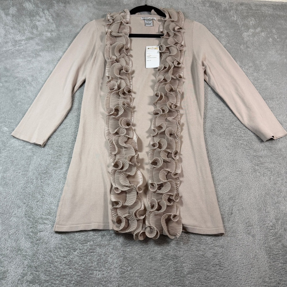 Alberto Makali Ruffle‎ Cardigan Womens Medium Beige Trim Open Front NWT